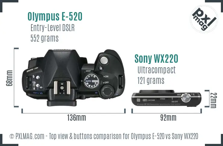 Olympus E-520 vs Sony WX220 top view buttons comparison