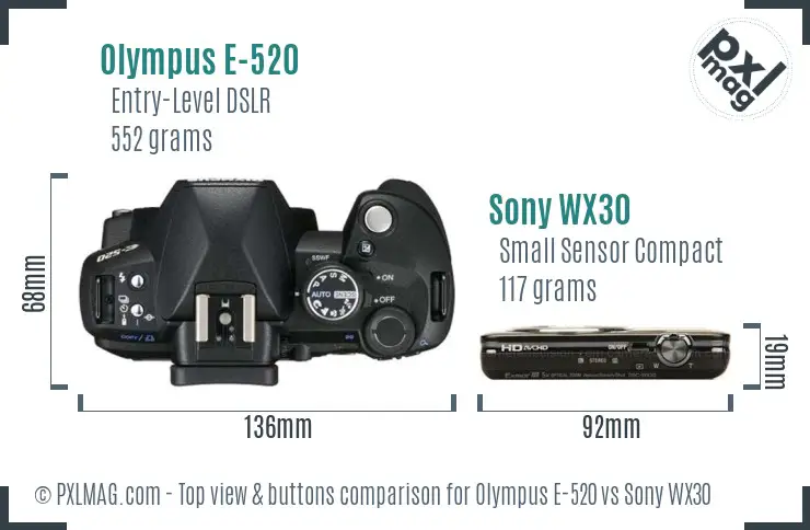 Olympus E-520 vs Sony WX30 top view buttons comparison Olympus E-520 vs Sony WX30 top view buttons comparison