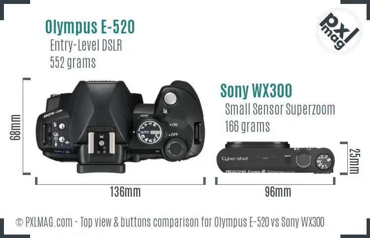 Olympus E-520 vs Sony WX300 top view buttons comparison