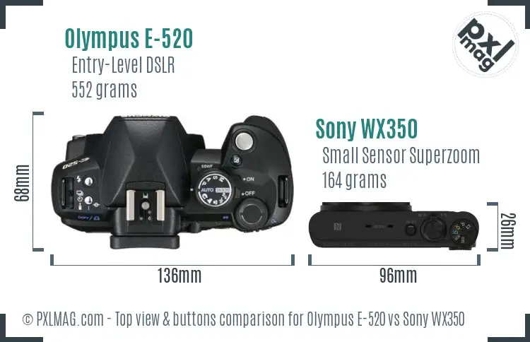 Olympus E-520 vs Sony WX350 top view buttons comparison