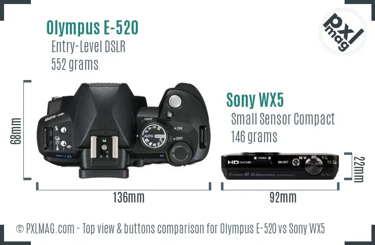 Olympus E-520 vs Sony WX5 top view buttons comparison