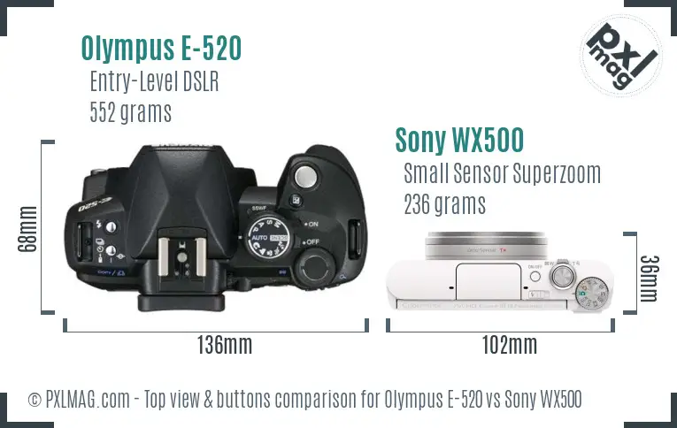 Olympus E-520 vs Sony WX500 top view buttons comparison