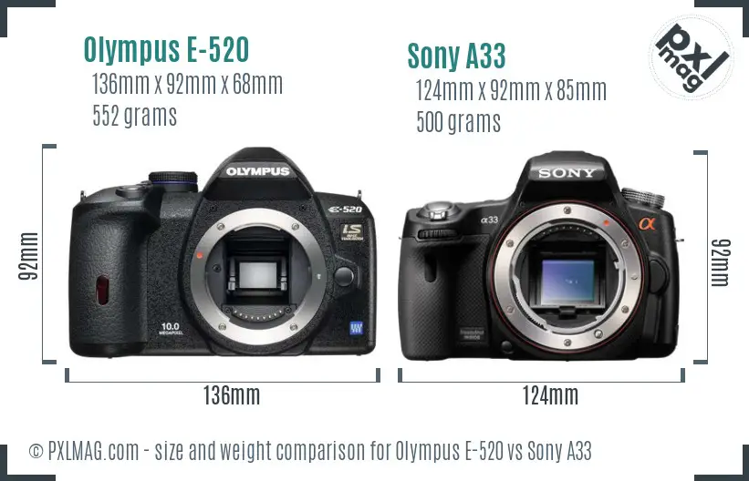 Olympus E-520 vs Sony A33 size comparison