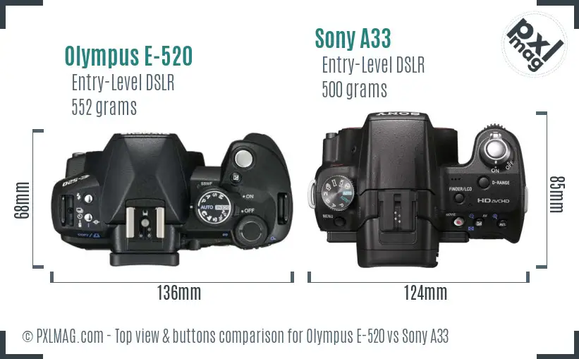 Olympus E-520 vs Sony A33 top view buttons comparison