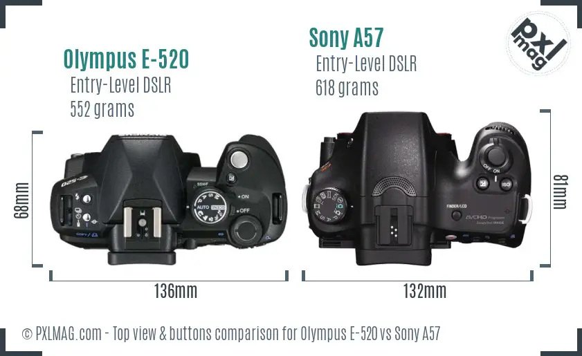 Olympus E-520 vs Sony A57 top view buttons comparison