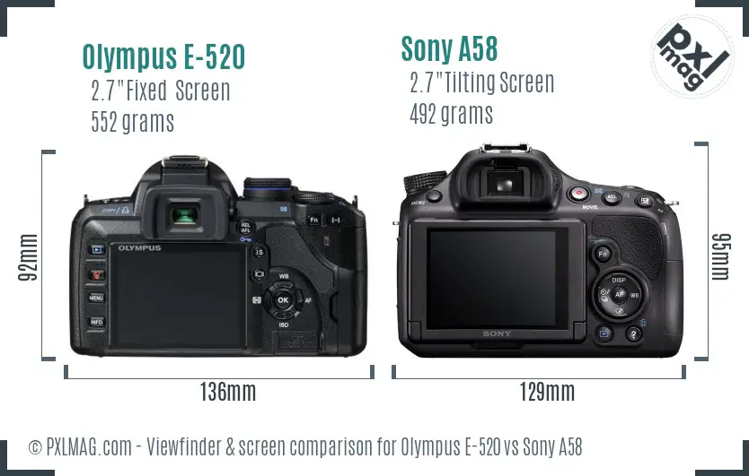 Olympus E-520 vs Sony A58 Screen and Viewfinder comparison