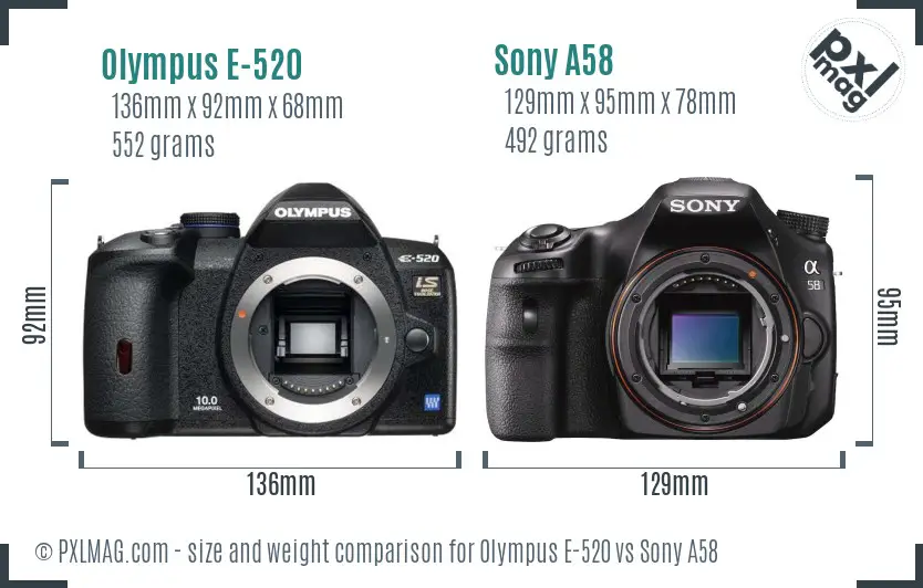 Olympus E-520 vs Sony A58 size comparison