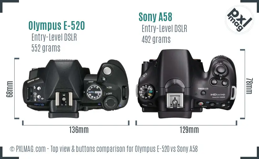 Olympus E-520 vs Sony A58 top view buttons comparison