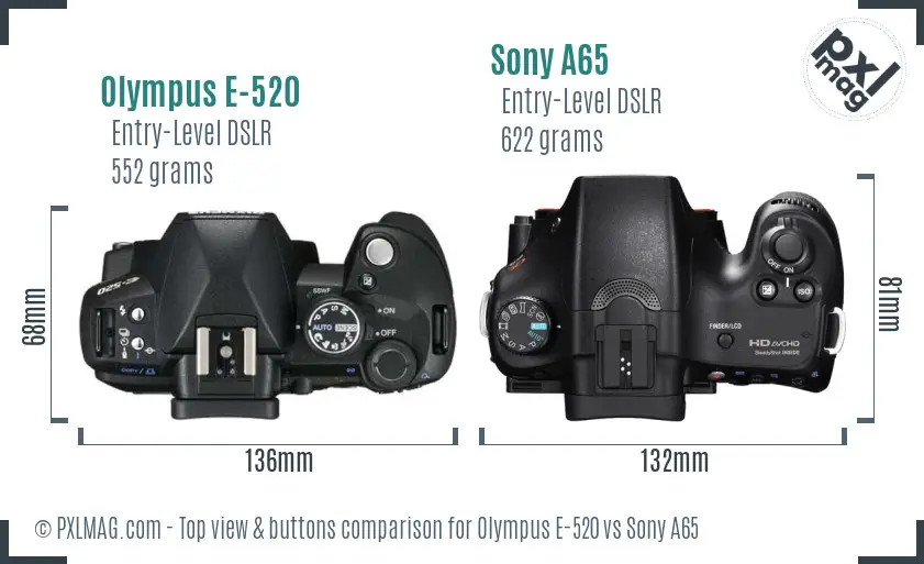 Olympus E-520 vs Sony A65 top view buttons comparison
