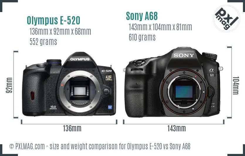 Olympus E-520 vs Sony A68 size comparison