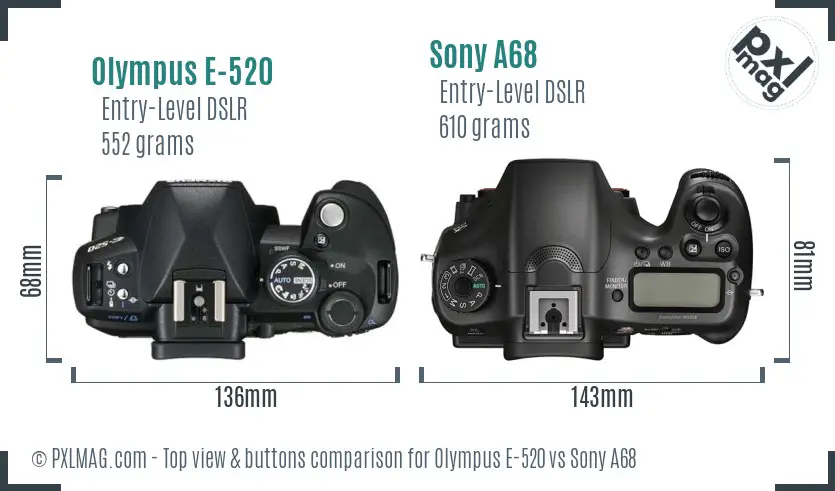 Olympus E-520 vs Sony A68 top view buttons comparison