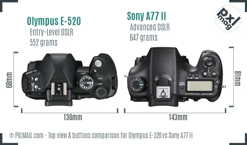 Olympus E-520 vs Sony A77 II top view buttons comparison