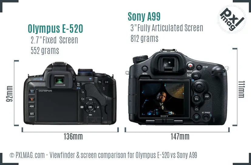 Olympus E-520 vs Sony A99 Screen and Viewfinder comparison