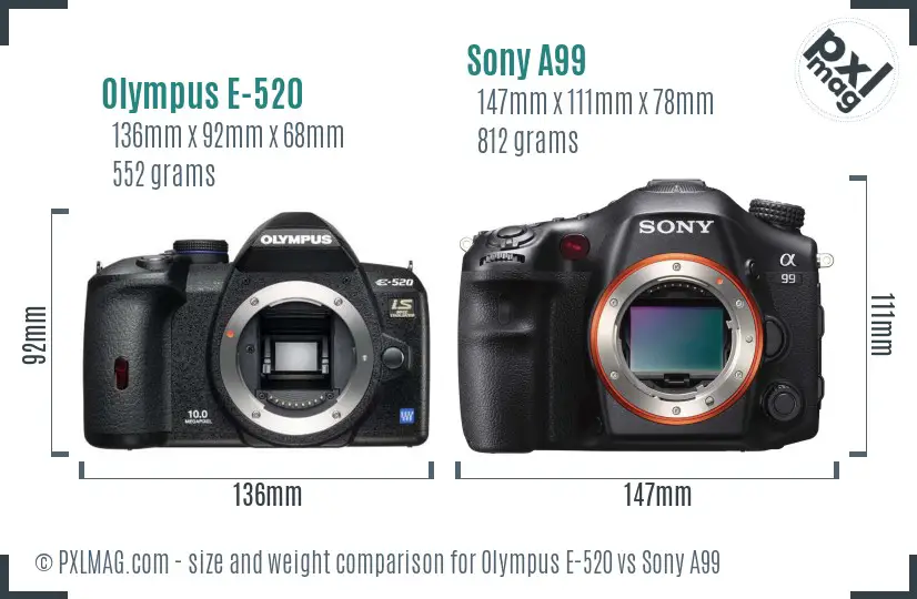 Olympus E-520 vs Sony A99 size comparison