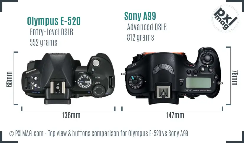 Olympus E-520 vs Sony A99 top view buttons comparison