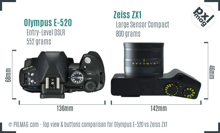 Olympus E-520 vs Zeiss ZX1 top view buttons comparison