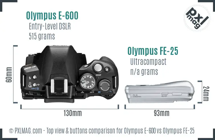 Olympus E-600 vs Olympus FE-25 top view buttons comparison
