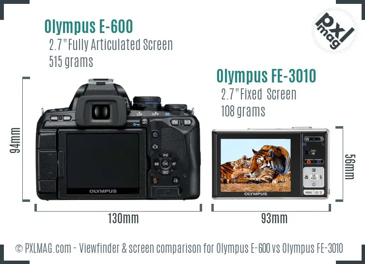 Olympus E-600 vs Olympus FE-3010 Screen and Viewfinder comparison