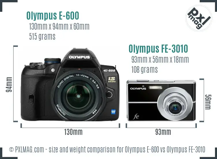 Olympus E-600 vs Olympus FE-3010 size comparison