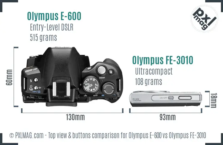 Olympus E-600 vs Olympus FE-3010 top view buttons comparison