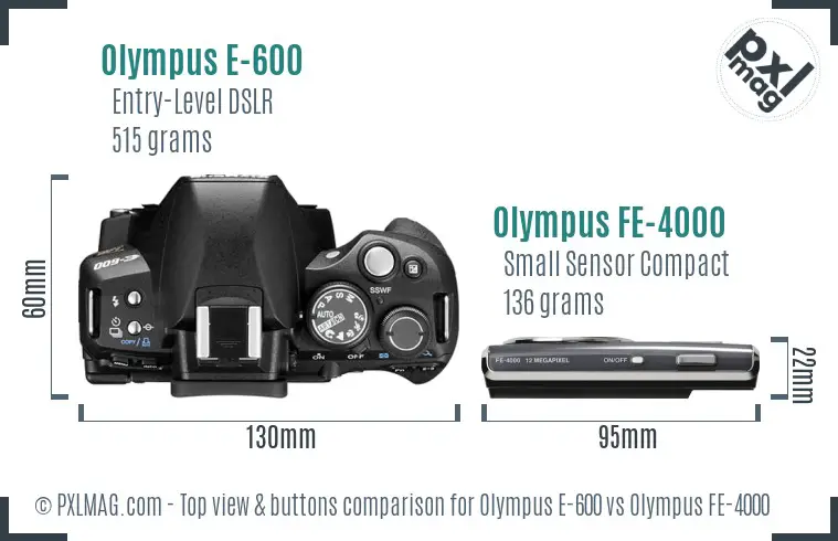Olympus E-600 vs Olympus FE-4000 top view buttons comparison