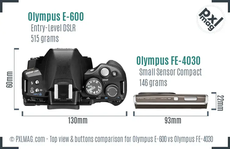 Olympus E-600 vs Olympus FE-4030 top view buttons comparison