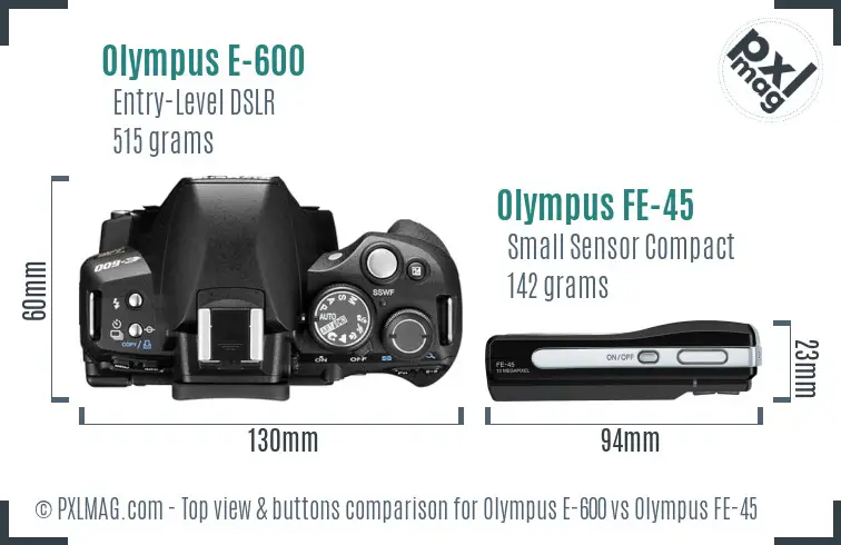 Olympus E-600 vs Olympus FE-45 top view buttons comparison