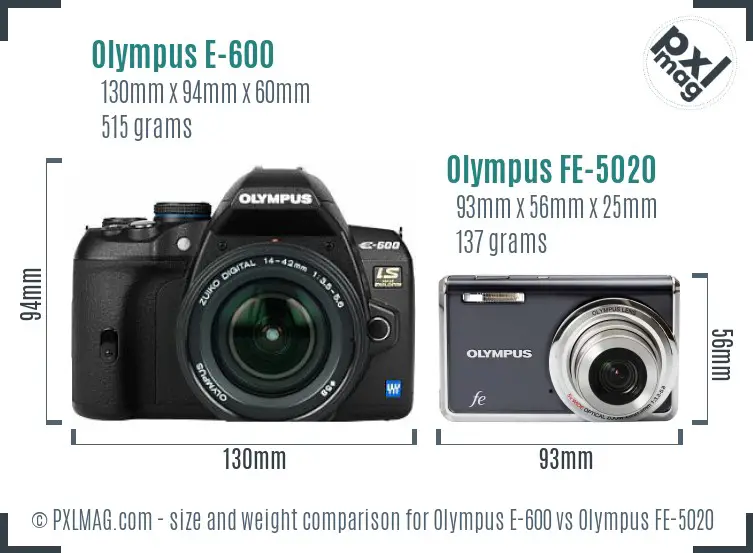 Olympus E-600 vs Olympus FE-5020 size comparison