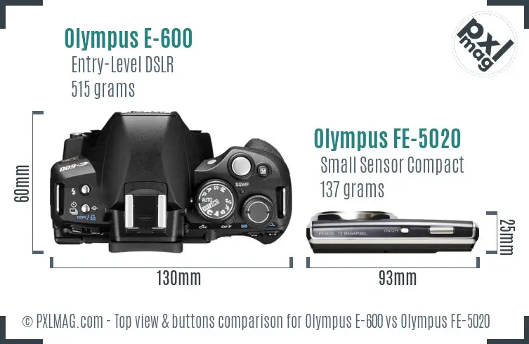 Olympus E-600 vs Olympus FE-5020 top view buttons comparison