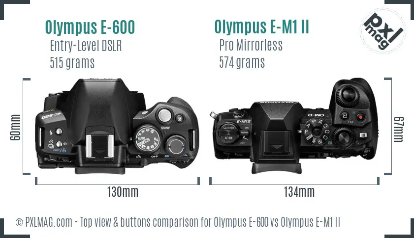 Olympus E-600 vs Olympus E-M1 II top view buttons comparison