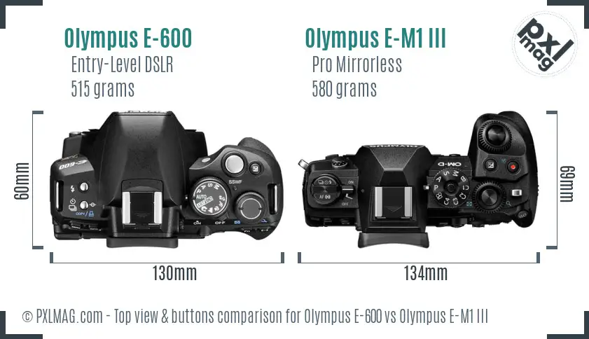 Olympus E-600 vs Olympus E-M1 III top view buttons comparison
