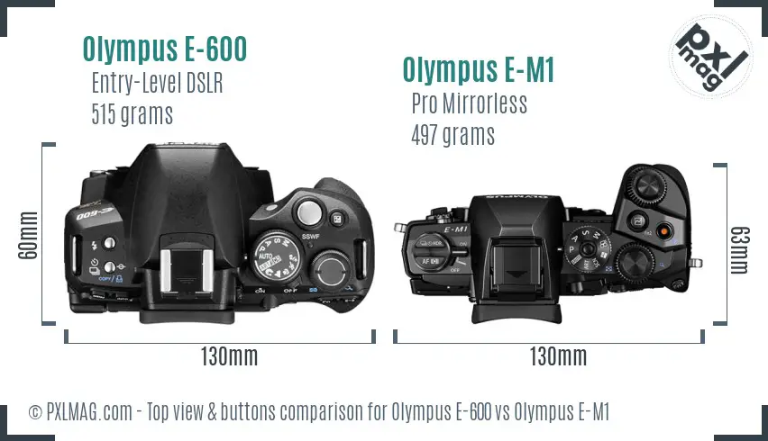 Olympus E-600 vs Olympus E-M1 top view buttons comparison