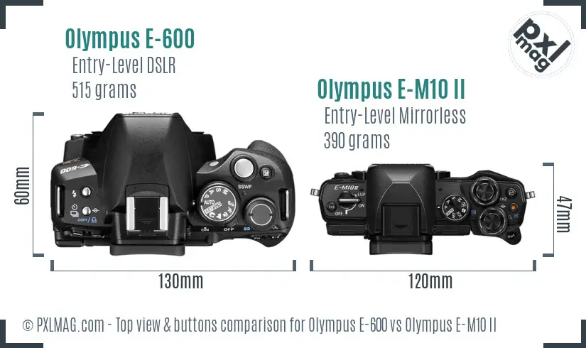 Olympus E-600 vs Olympus E-M10 II top view buttons comparison