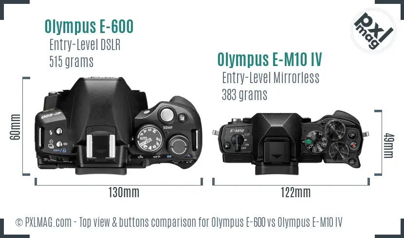 Olympus E-600 vs Olympus E-M10 IV top view buttons comparison