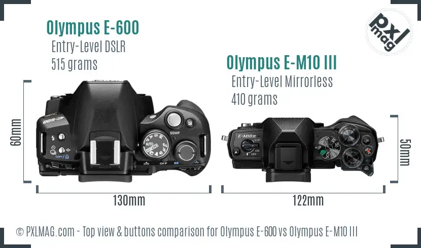 Olympus E-600 vs Olympus E-M10 III top view buttons comparison