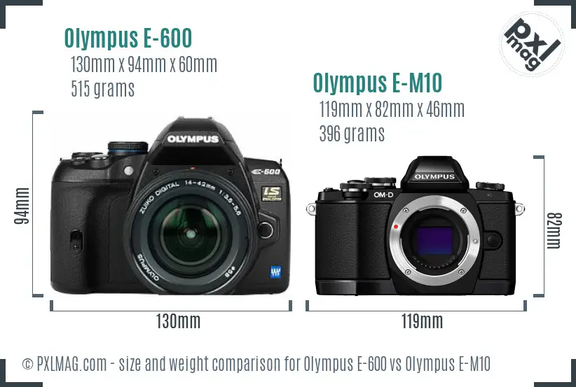 Olympus E-600 vs Olympus E-M10 size comparison