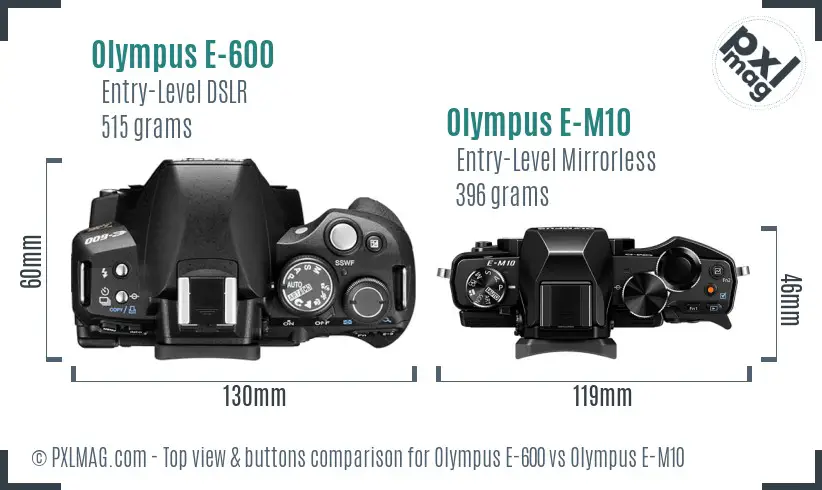 Olympus E-600 vs Olympus E-M10 top view buttons comparison