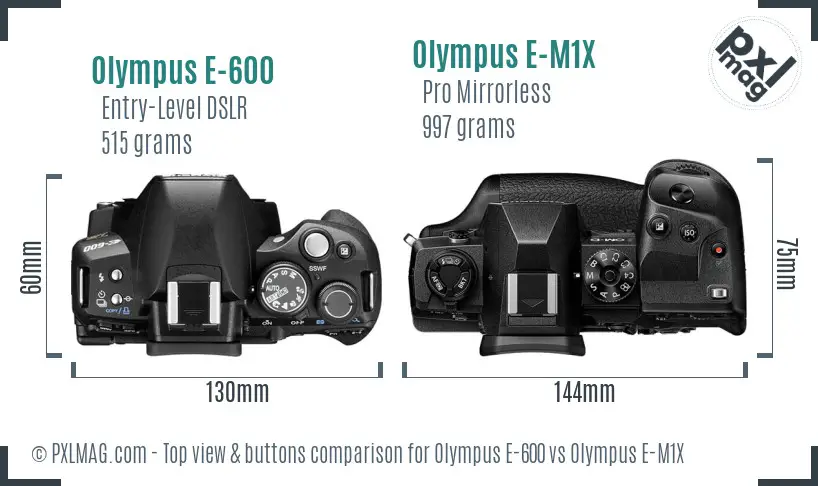 Olympus E-600 vs Olympus E-M1X top view buttons comparison