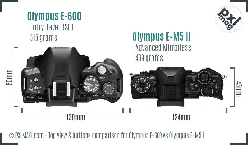 Olympus E-600 vs Olympus E-M5 II top view buttons comparison