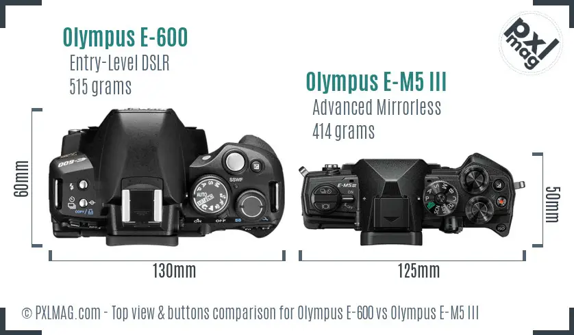 Olympus E-600 vs Olympus E-M5 III top view buttons comparison