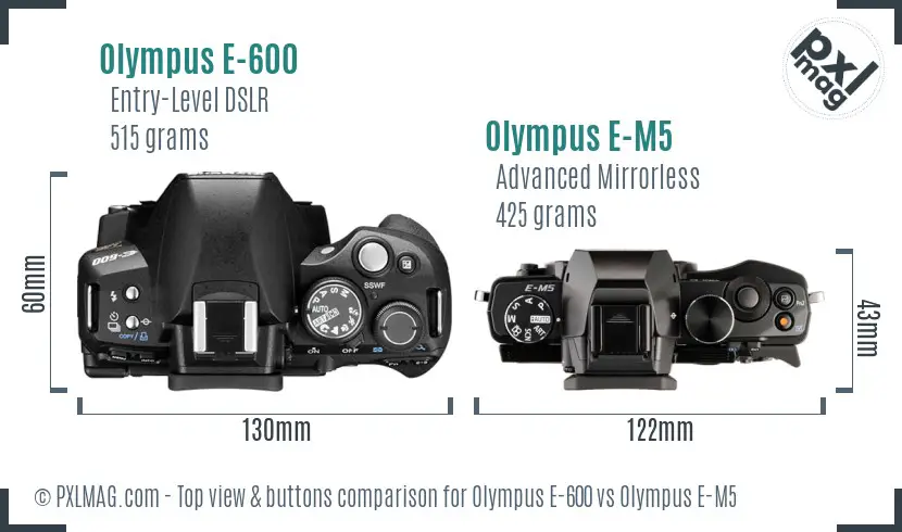 Olympus E-600 vs Olympus E-M5 top view buttons comparison