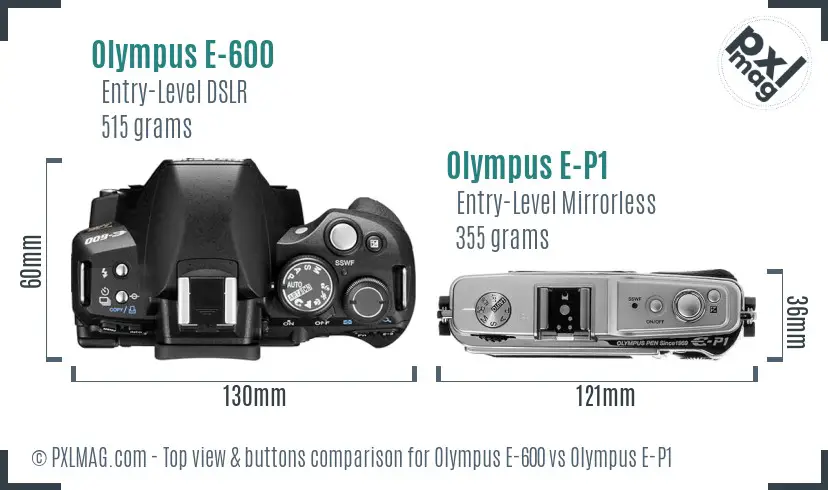 Olympus E-600 vs Olympus E-P1 top view buttons comparison