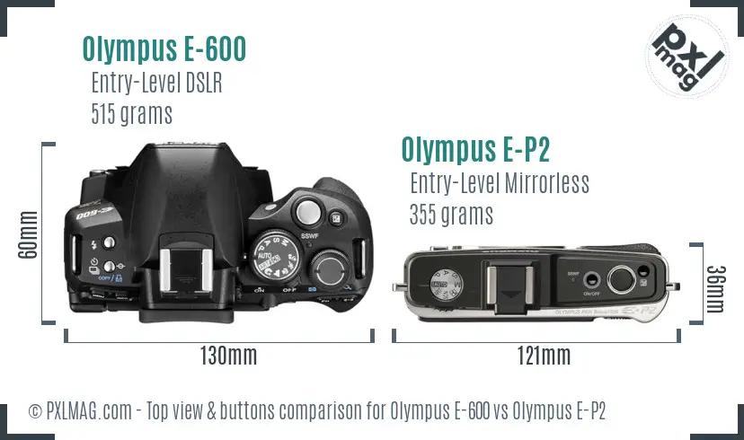 Olympus E-600 vs Olympus E-P2 top view buttons comparison