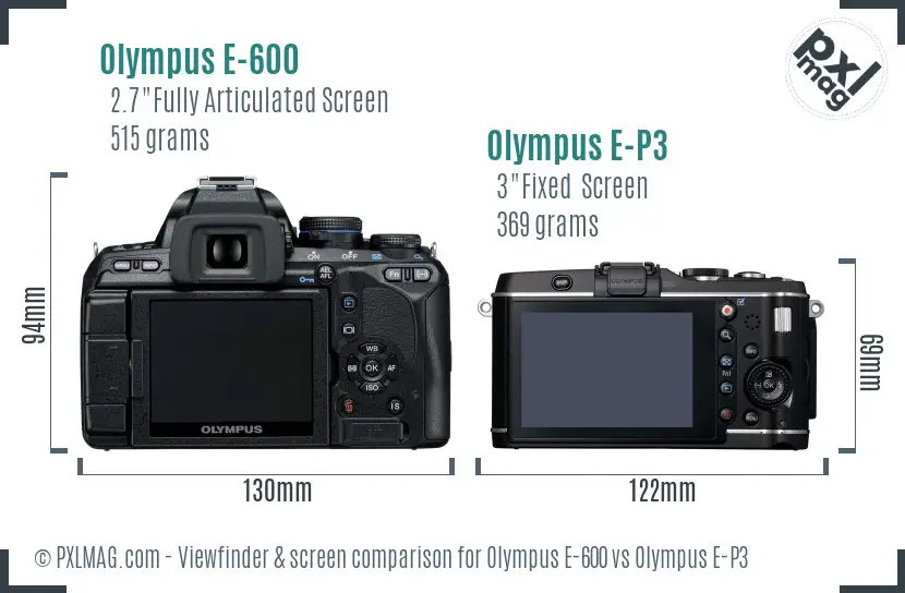 Olympus E-600 vs Olympus E-P3 Screen and Viewfinder comparison