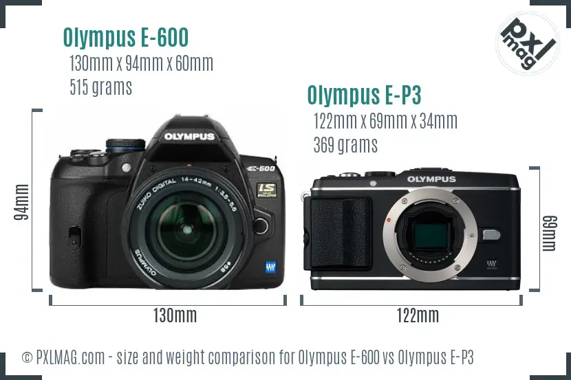 Olympus E-600 vs Olympus E-P3 size comparison