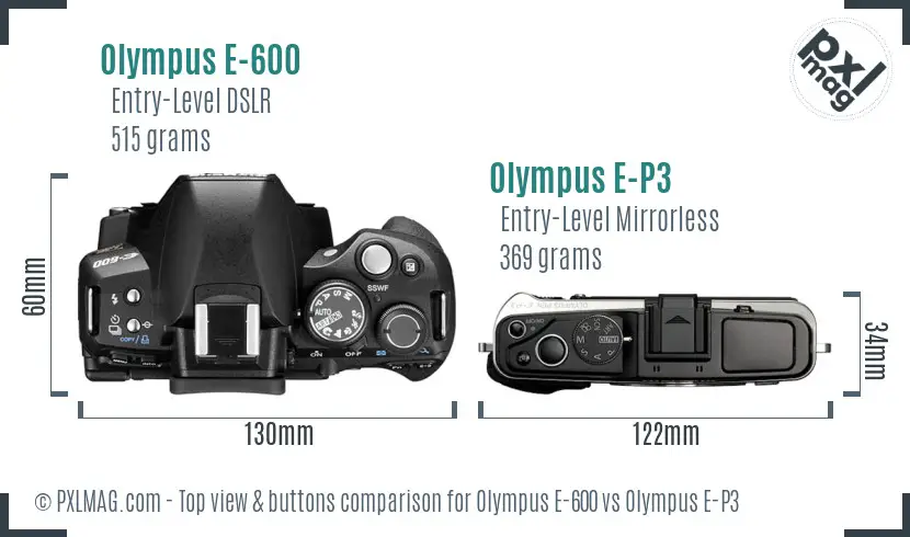 Olympus E-600 vs Olympus E-P3 top view buttons comparison