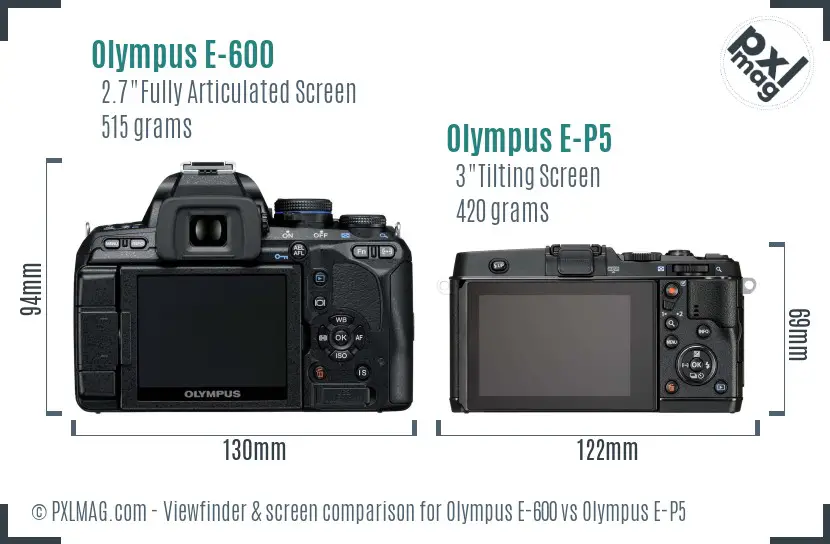 Olympus E-600 vs Olympus E-P5 Screen and Viewfinder comparison