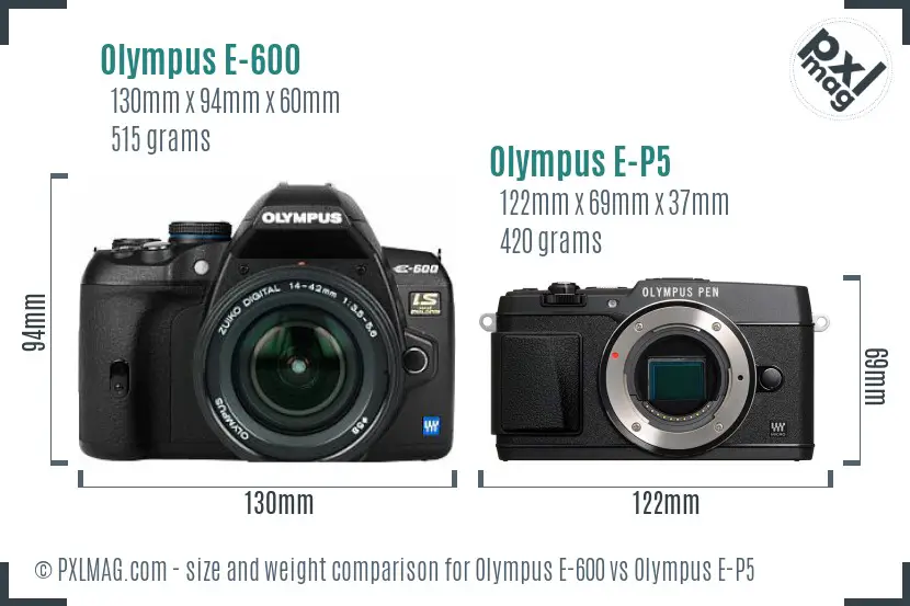 Olympus E-600 vs Olympus E-P5 size comparison