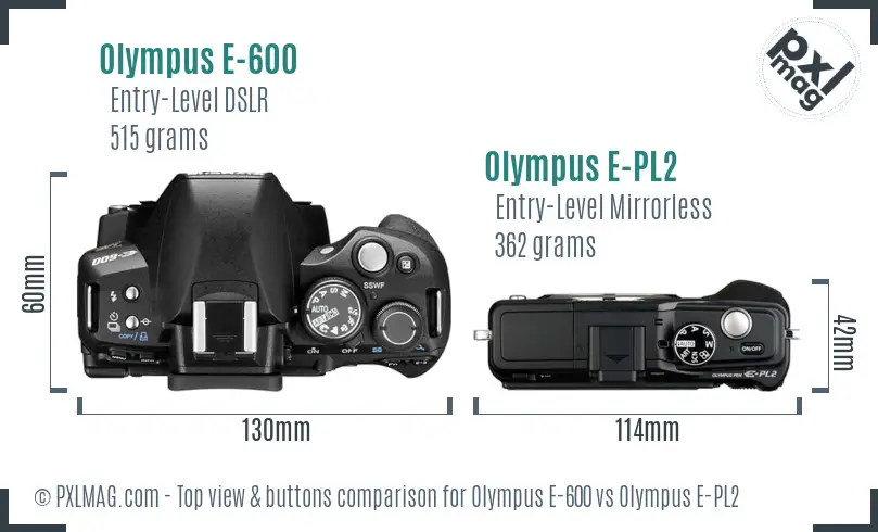 Olympus E-600 vs Olympus E-PL2 top view buttons comparison