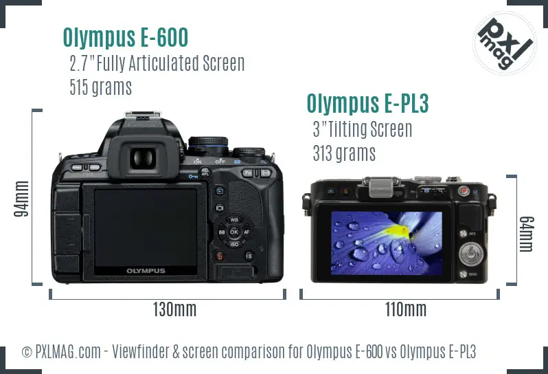 Olympus E-600 vs Olympus E-PL3 Screen and Viewfinder comparison